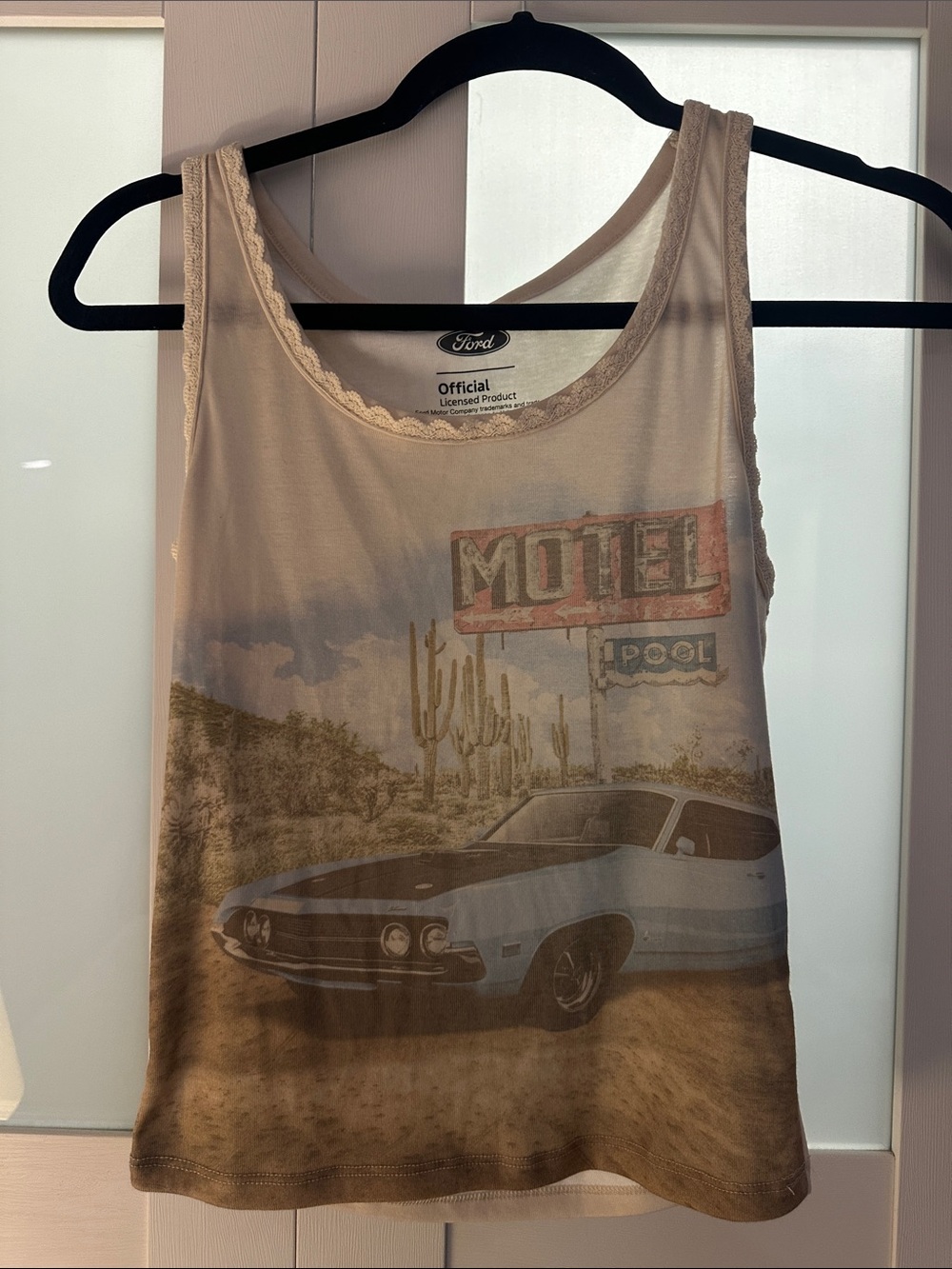 Ford Beige and Light Blue Vintage Motel Graphic Tank Top